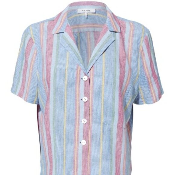Frame Stripe High/Low Linen Shirt In Purple Multi S - Picture 1 of 16